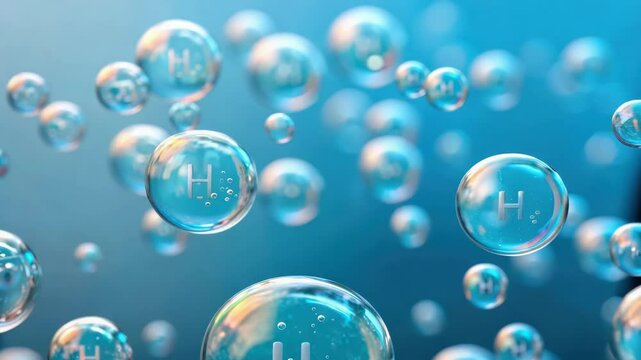 Hydrogen fuel innovation, Image of floating bubbles with "H" symbolizing hydrogen, set against a blue background, representing chemistry and molecular structures.