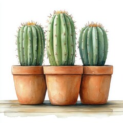 Three Succulents in Terracotta Pots Watercolor Botanical Illustration of Cactus Plants