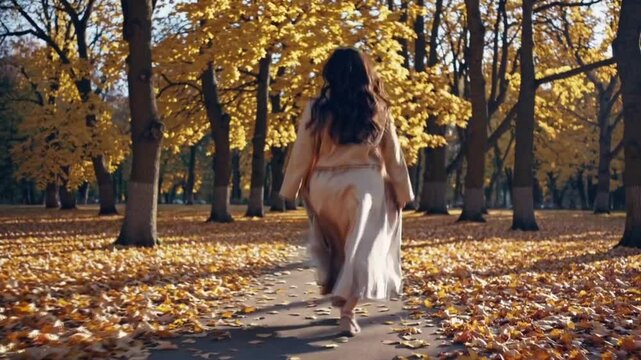 Woman strolling through vibrant autumn forest path with golden leaves.