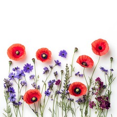 Floral arrangement with poppies and cornflowers isolated on white background