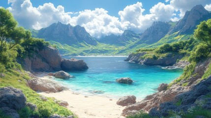 Fototapeta premium Seashore with crystal water, mountains and vegetation under sunny sky