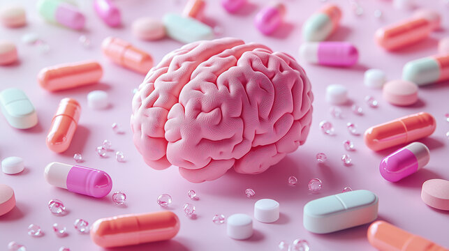 Colorful pills surround a pink brain model on a pastel surface