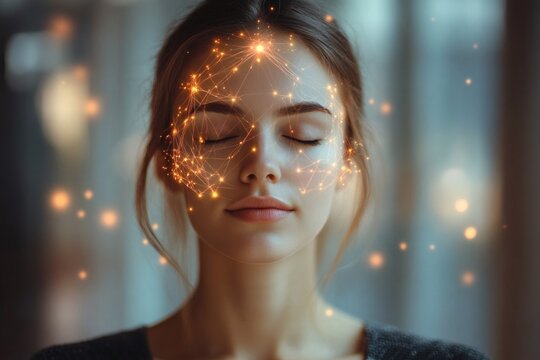 Young woman in a meditative pose with neural connections glowing around her head representing mindfulness inner peace and the power of meditation on the brains health,
