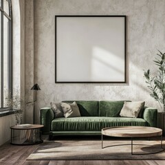 Modern, industrial-chic living room.  Muted greens and wood tones