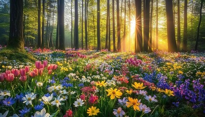 Obraz premium A colorful flower-filled forest with sunlight filtering through tall trees.