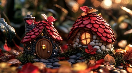 Naklejka premium Miniature homes nestled in autumn leaves and moss