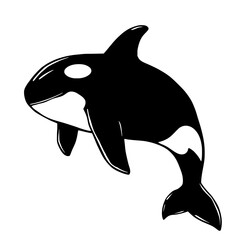 Obraz premium Orca depiction: A stylized, monochrome illustration of a majestic orca, also known as a killer whale, elegantly leaping. This artwork captures the grace and power of this iconic marine mammal.