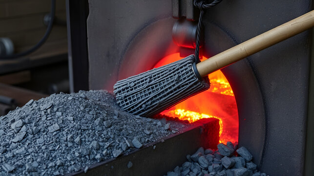 Removing slag from surface of hot iron in melting furnace