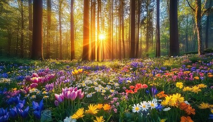A colorful flower-filled forest with sunlight filtering through tall trees.