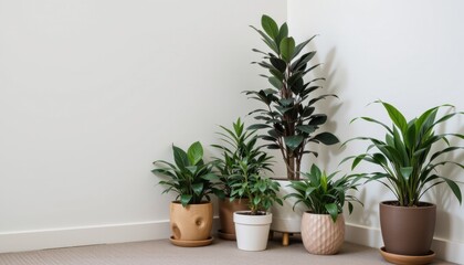 Fototapeta premium Indoor plants arranged in stylish pots against a wall.