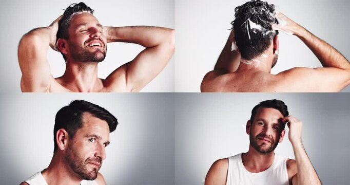 Haircare, hygiene and man with hair washing for shampoo treatment, scalp cleansing and grooming routine. Series, person and self care with oil serum for healthy growth or results on studio background