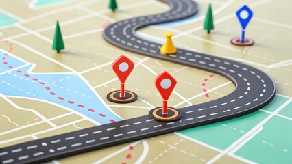 A stylized map with winding roads, location pins, markers, trees, and a river, representing navigation and route planning.