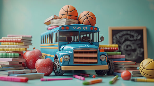 Colorful school bus surrounded by books and basketballs in a creative setup