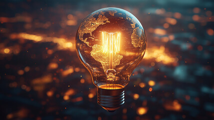 Light bulb featuring glowing Earth inside with a city backdrop at dusk
