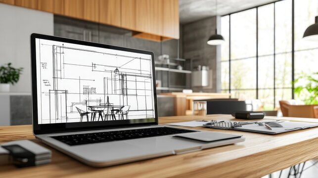 Architect designer desktop concept, laptop and tablet on wooden desk with screen showing interior design project and CAD sketch, japandi dining room, 3d illustration. Generative AI.