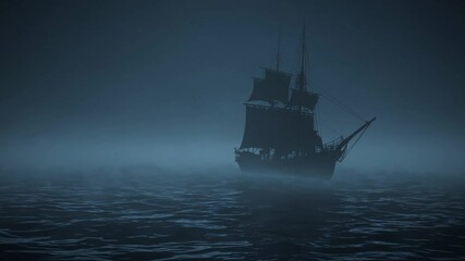 Mysterious pirate ship sailing through foggy night sea adventure.