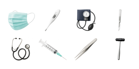 Set of medical tools and accessories icons including mask, syringe, thermometer, stethoscope, isolated on white background. Ai generative