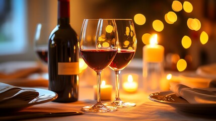 Romantic dinner setting wine, glasses, candles, bokeh lights, elegant