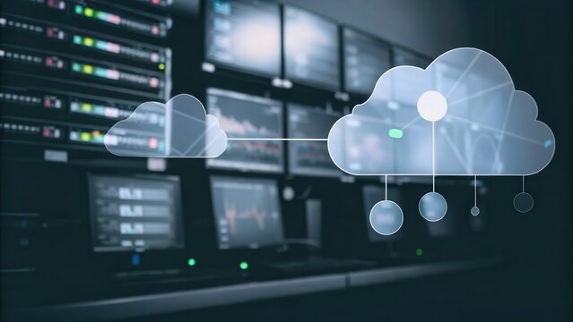 Cloud computing concept with digital screens in a tech environment.