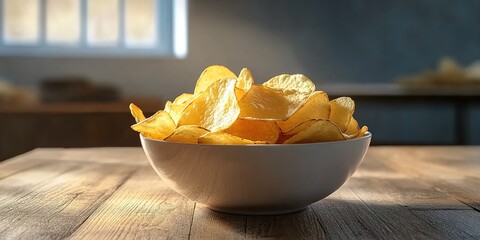 A white bowl of potato chips on a wooden table with a window and brick wall in warm light.
