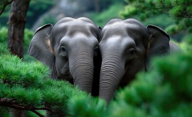 Fototapeta premium Two elephants in the lush greenery of an Asian wildlife park, their gentle trunk caresses creating love and connection amidst nature's beauty