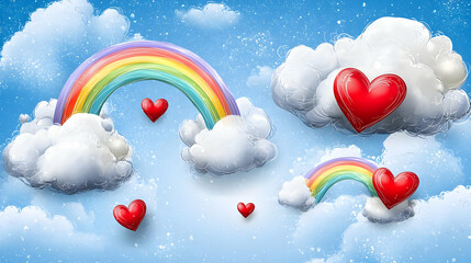 Fototapeta premium Colorful Rainbow Clouds Hearts Background