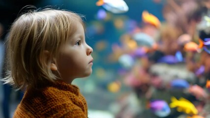 An inquisitive child mesmerized by the vibrant colors of fish swimming in an aquarium, capturing a moment of wonder and curiosity in a captivating marine environment.