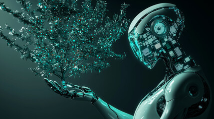 Fototapeta premium Futuristic robot nurturing a glowing tree in a dark environment