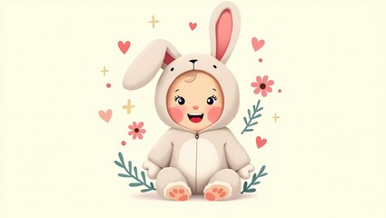 Adorable Bunny Baby: A cheerful baby in an adorable bunny costume sits amidst pink flowers and hearts, evoking feelings of warmth, love, and springtime joy.