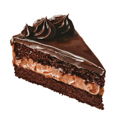 Delicious chocolate cake slice with rich ganache topping, cut out - stock png.