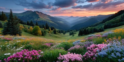 Obraz premium Majestic sunrise over the mountains, with vibrant colors and rays of light illuminating the valley below.