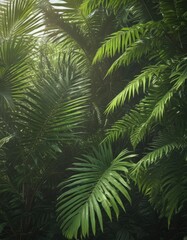 Vibrant green palm leaves, sunlight dappled, rich textures , lush greenery, tropical background