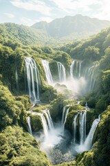 Fototapeta premium Cascading waterfalls flow gracefully into serene pools amidst a vibrant tropical jungle landscape, showcasing nature's breathtaking beauty in a mountainous setting