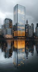 Naklejka premium Modern city skyline reflected in tranquil water
