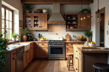 Fototapeta premium Rustic kitchen featuring wooden cabinets and vintage accents , sink, appliances