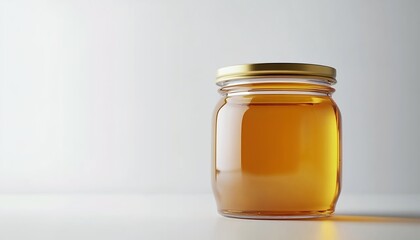 Glass jar of golden honey on a white surface with light-gray background.