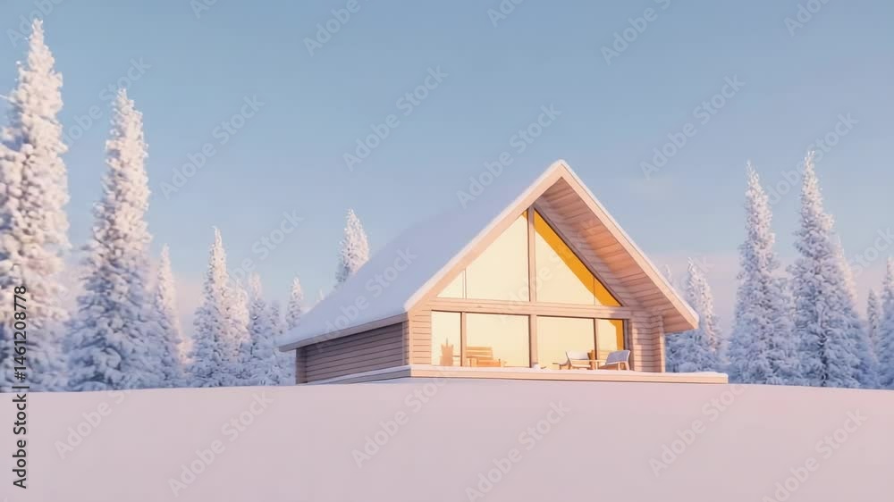 Poster warm light emanating from the large windows of a modern, wooden cabin nestled amidst snow covered pi