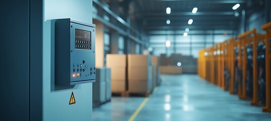 Fototapeta premium A compact transformer unit on the left, blurry warehouse with cables and boxes, right area empty for text 