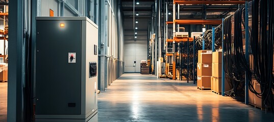 A compact transformer unit on the left, blurry warehouse with cables and boxes, right area empty for text 