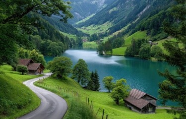 Fototapeta premium A picturesque view of the village with its green, grassy hills, quaint houses nestled among rolling fields, and the turquoise waters of the lake in the background.