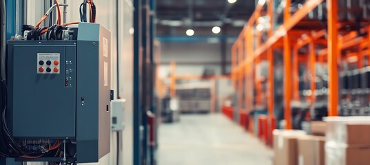 A compact transformer unit on the left, blurry warehouse with cables and boxes, right area empty for text 