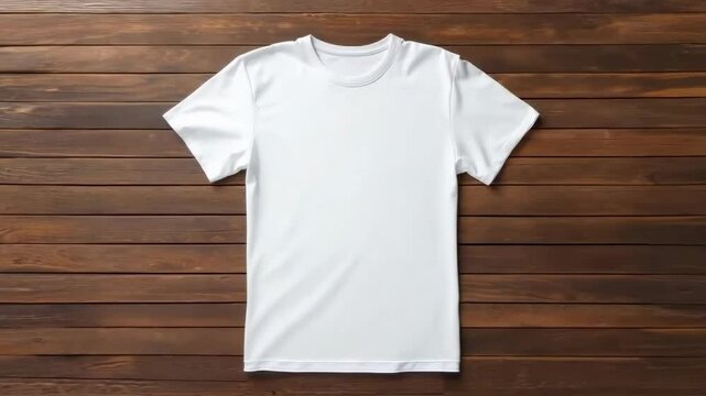 White t-shirt on wooden background. Simple white t-shirt design. Casual white t-shirt style. Basic white t-shirt for everyday wear. Classic white t-shirt look.