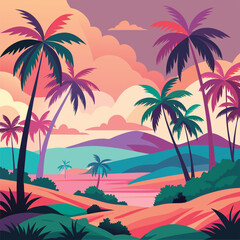 Fototapeta premium Vector illustration of a Sunset tropical paradise scene.