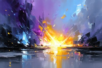 Obraz premium Abstract sunrise or sunset painting with bold brushstrokes in purple blue yellow impasto texture