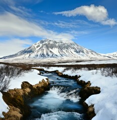 Fototapeta premium professional photo close up Snowy mountain, river, landscape