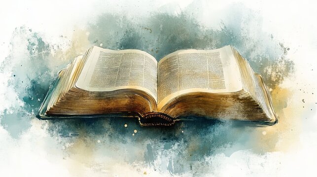 Subtle watercolor of an open prayer book with gentle lighting around it..