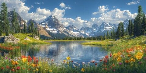 Lush wildflowers bloom by clear mountain lake under bright blue sky in summer