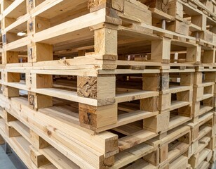 A neatly arranged stack of weathered wooden pallets, each layer showcasing unique textures and colors, creating a rustic, industrial aesthetic.