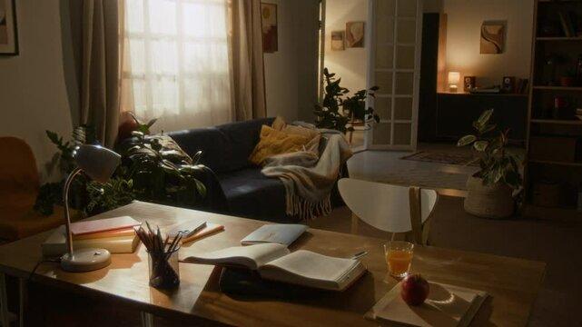 No people interior shot of books left open, juice half-full, and blankets rumpled on couch in peaceful, sunlit room