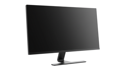 Slim black monitor screen angled view isolated on transparent background, ideal for computer hardware mockups, office setup visuals, tech ads, and device UI design presentations